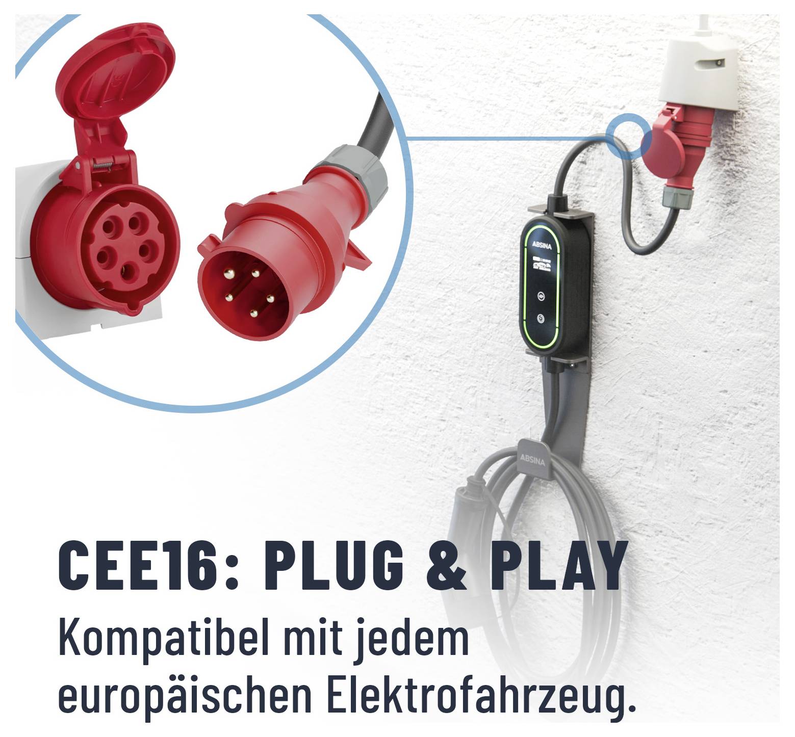 Bild av ett elfordonsladduttag märkt 'CEE16: Plug & Play.' Text nedanför säger 'Kompatibel med varje europeiskt elfordon.'