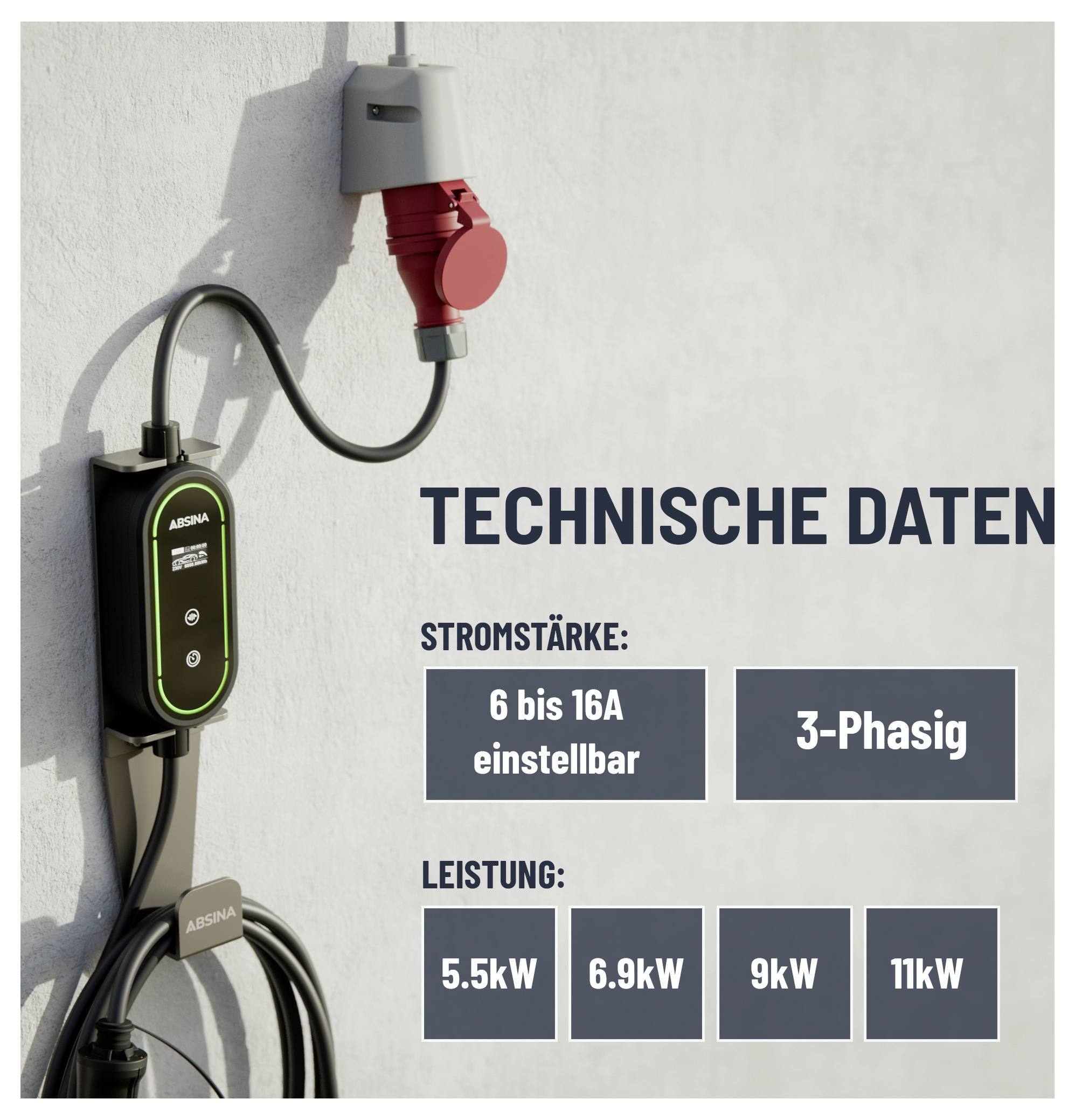 Väggmonterad elektrisk laddstation för fordon med uppmärkt teknisk data: justerbar ström 6-16A, trefas, effektalternativ 5,5kW, 6,9kW, 9kW, 11kW.