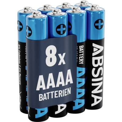 Ett paket med åtta AAAA-batterier i blå och svart hölje, med texten '8x AAAA Batterier' synlig på förpackningens ärm.