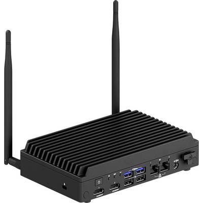 En svart, kompakt dator med ribbad ovansida för värmeavledning, två antenner och flera portar inklusive USB och Ethernet på framsidan.