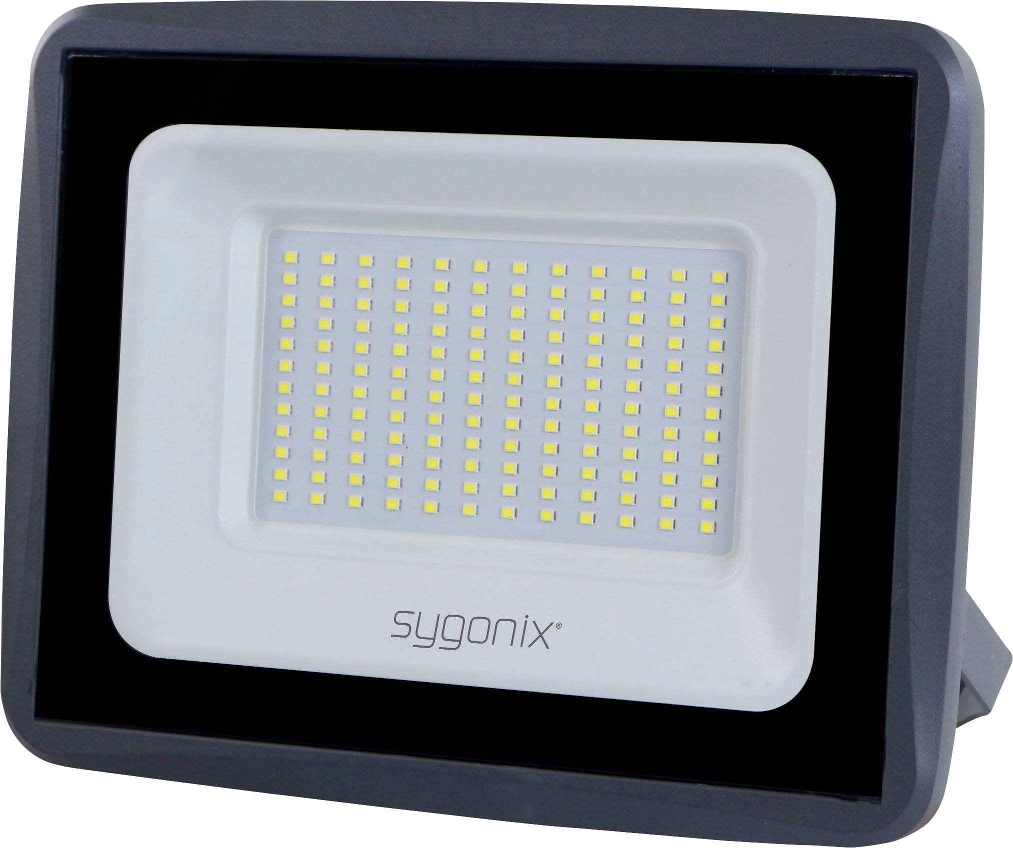 Sygonix LED-strålkastare med svart och grå hölje, visar en rektangulär panel med många små gula lysdioder.