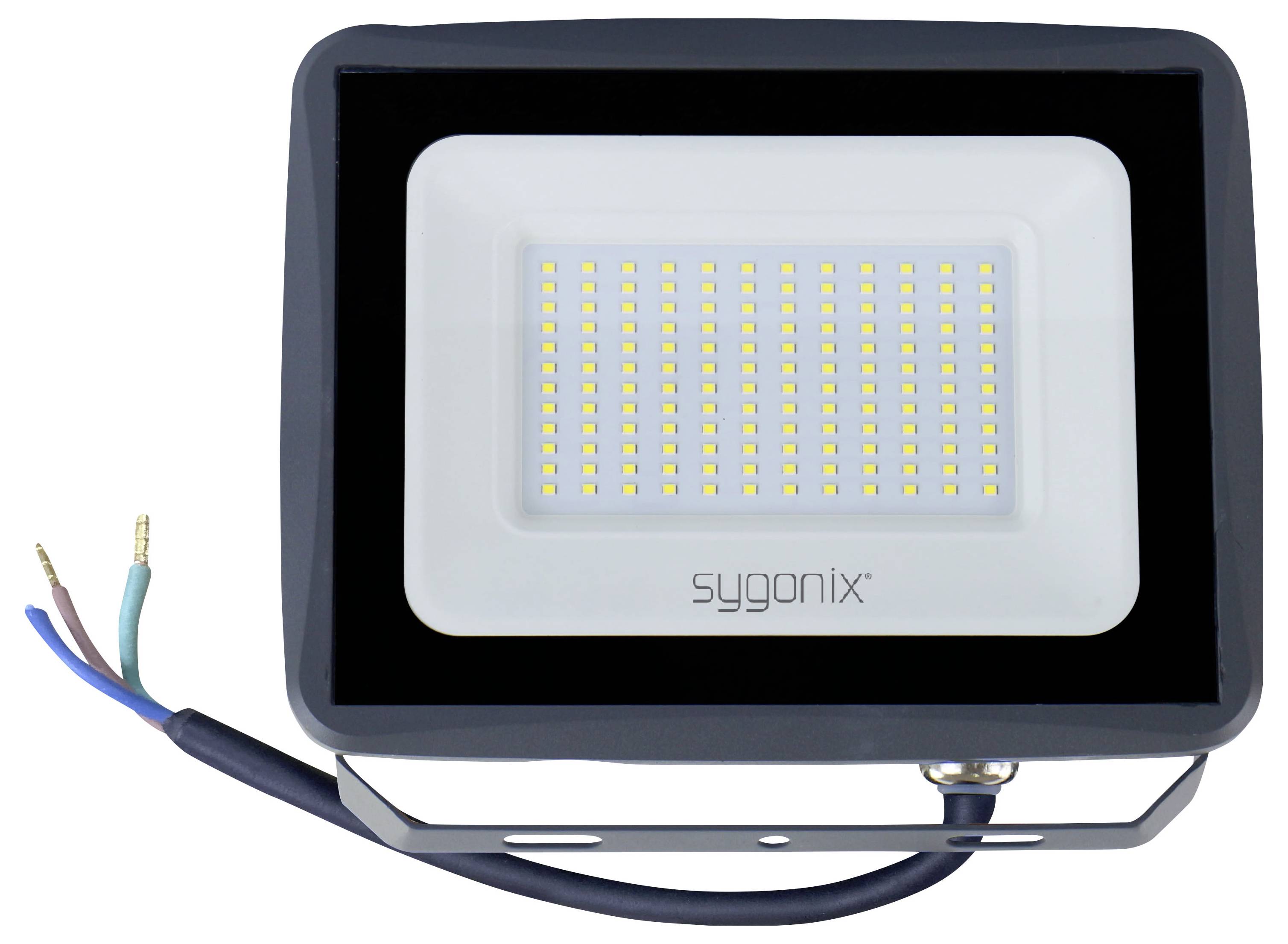 Svart LED-strålkastare med anslutna strömkablar, visar frontpanelen och monteringsfäste.