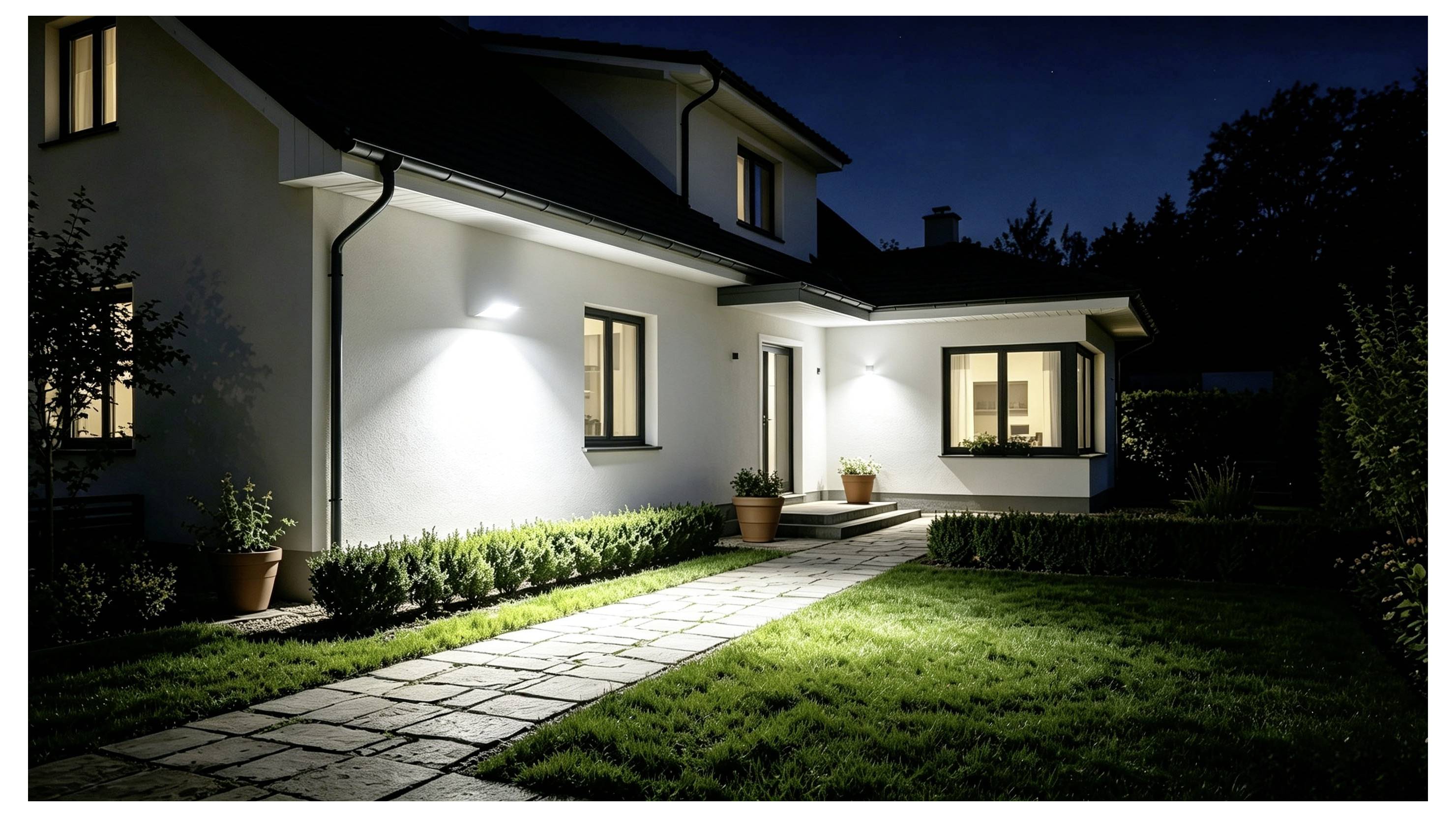 Nattlig exteriör av ett modernt hus med upplysta fönster, upplysta vita väggar, en stenväg och en väl klippt framträdgård.