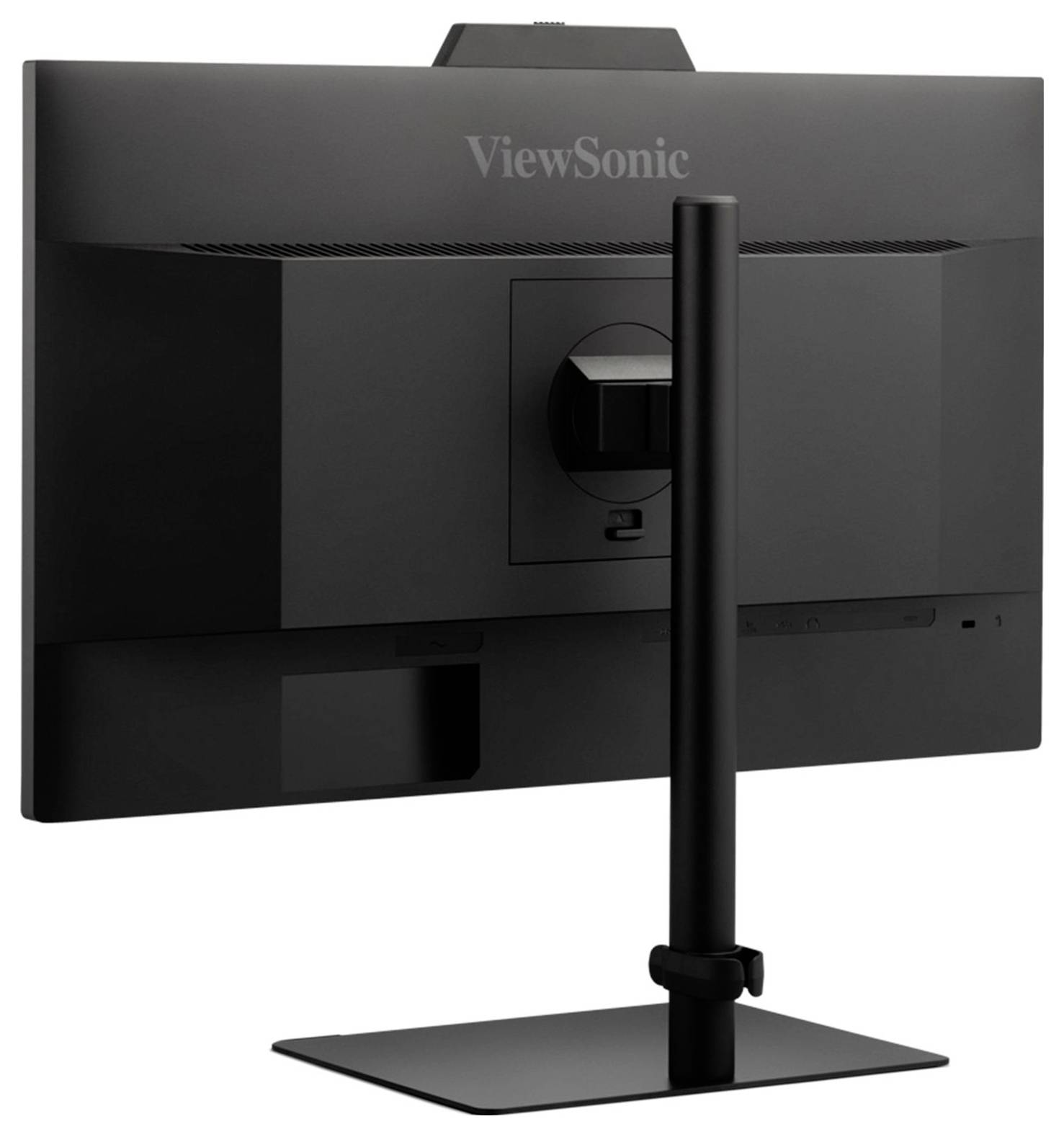 En svart ViewSonic-datorskärm betraktas bakifrån, vilket visar upp dess justerbara fot och eleganta design.