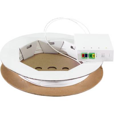 En lindad rulle av fiberoptisk kabel med en liten ansluten kontrollenhet som visar färgade LED-lampor och nätverksportar.