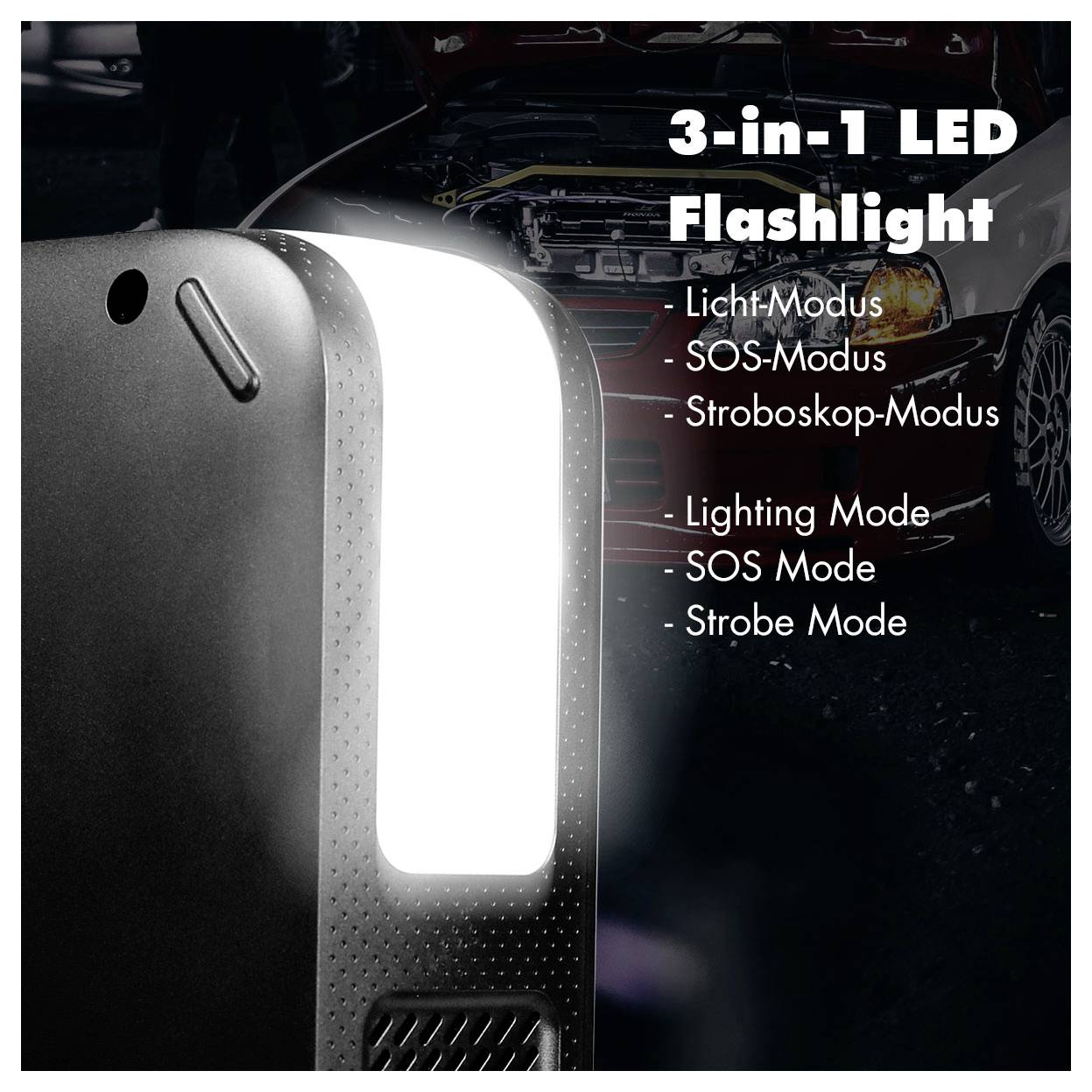 En 3-i-1 LED-ficklampa med reklamutskrift som visar dess funktioner: Belysningsläge, SOS-läge och Stroboskopläge, med en bilmotor i bakgrunden.