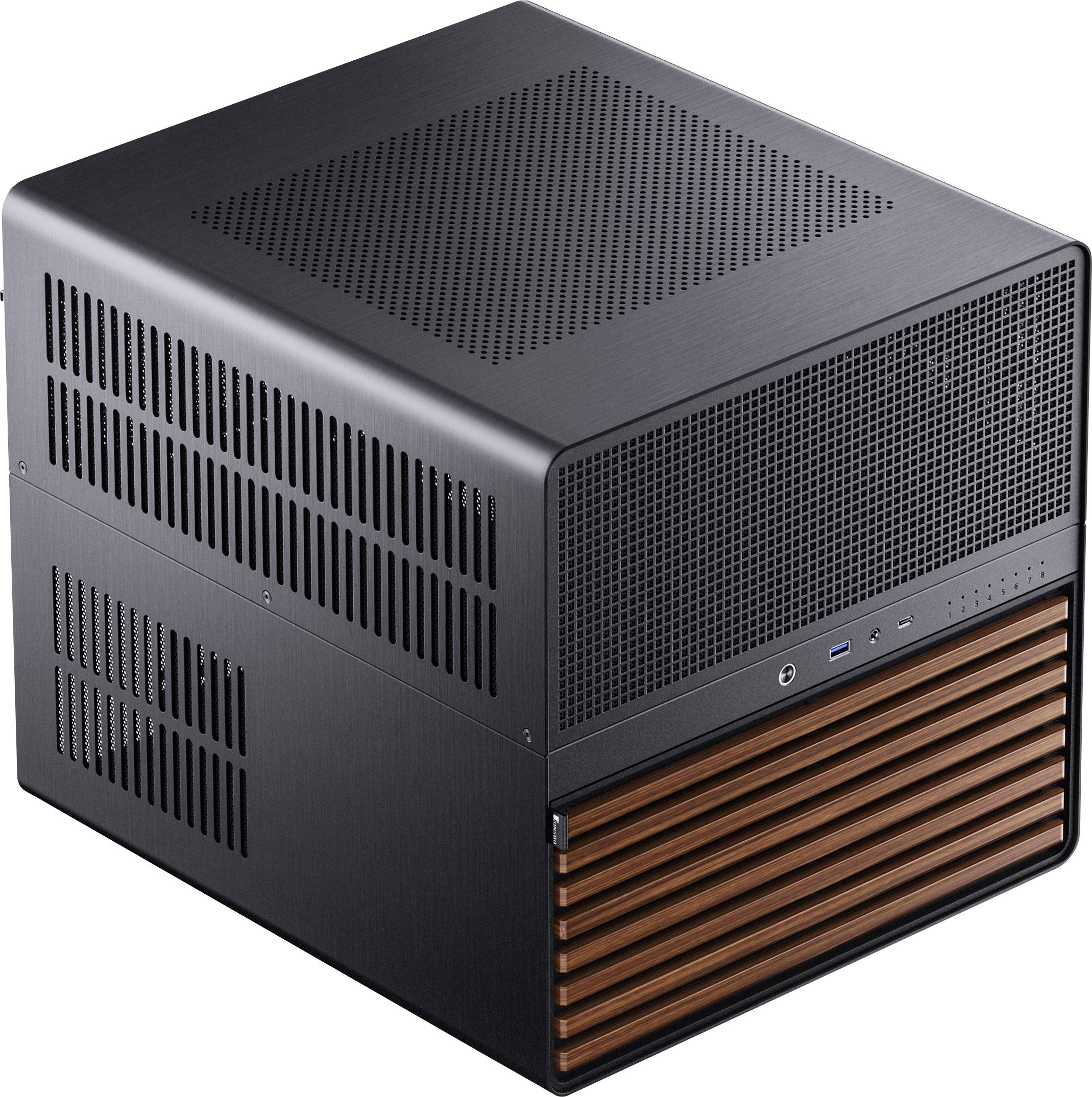 Ett strömlinjeformat, kubformat datorhölje med svart metallfinish och en frontpanel med träribbor och strömbrytare.