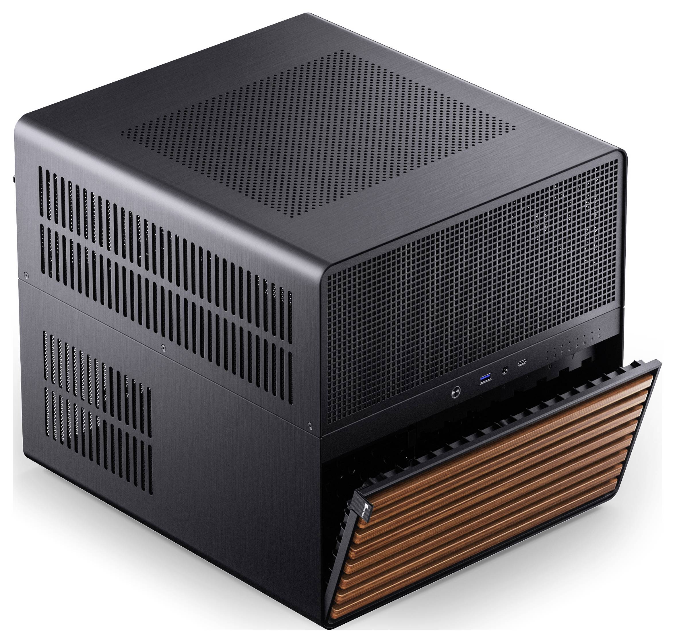 Ett elegant svart datorhölje med en träimiterande framsida som är delvis öppen och visar USB-portar, designad för kompakta, moderna uppställningar.