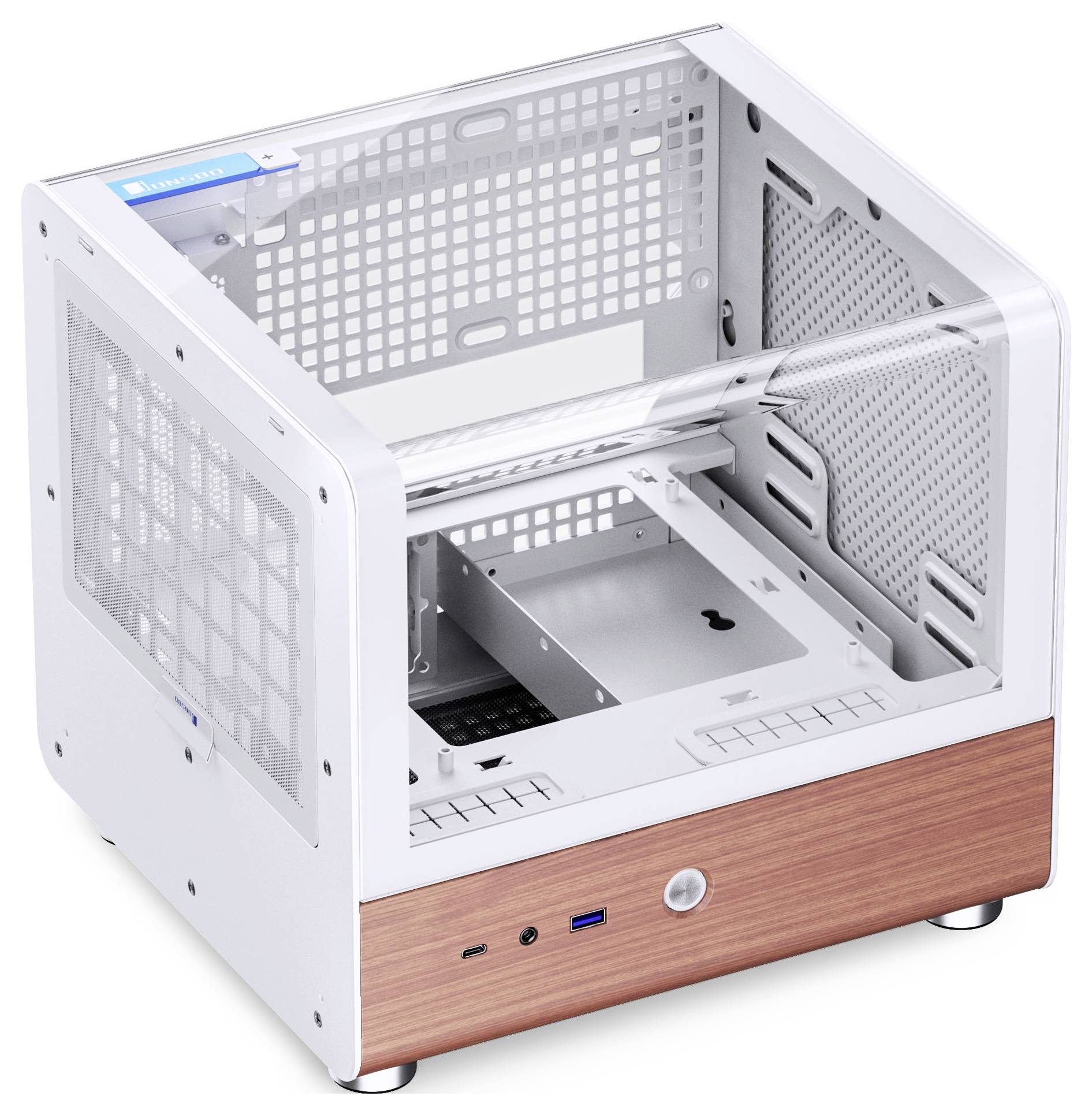 Ett vitt datorchassi med en genomskinlig sidopanel, som kännetecknas av en minimalistisk design och trädetalj längst ned. Den har flera ventilationsgaller.