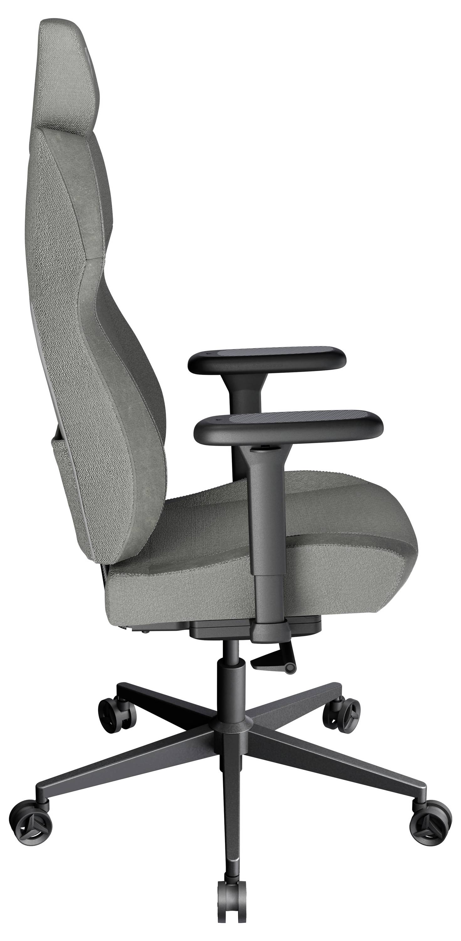 En grå ergonomisk kontorsstol med justerbara armstöd och en hög ryggstöd på ett hjulförsett stativ, sedd från sidan.