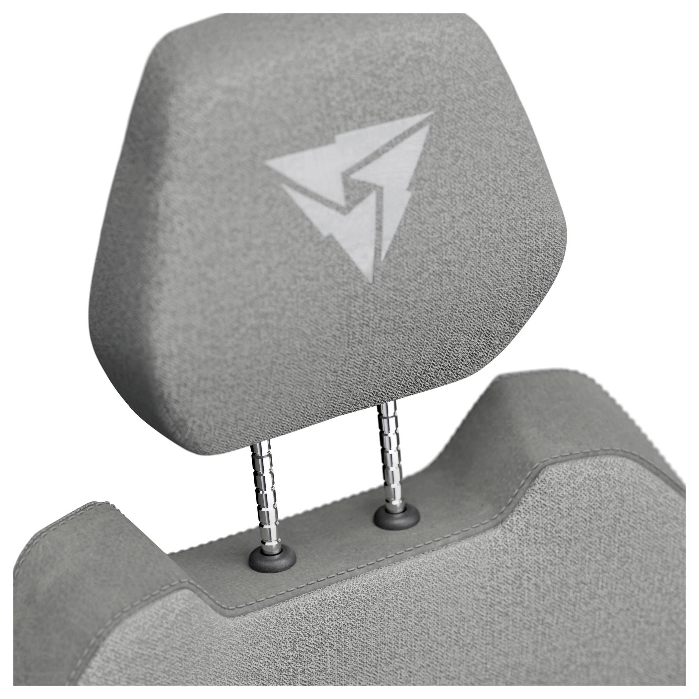 Bilden visar en grå tygklädd bilstolsnackstöd med en abstrakt vit logotyp.
