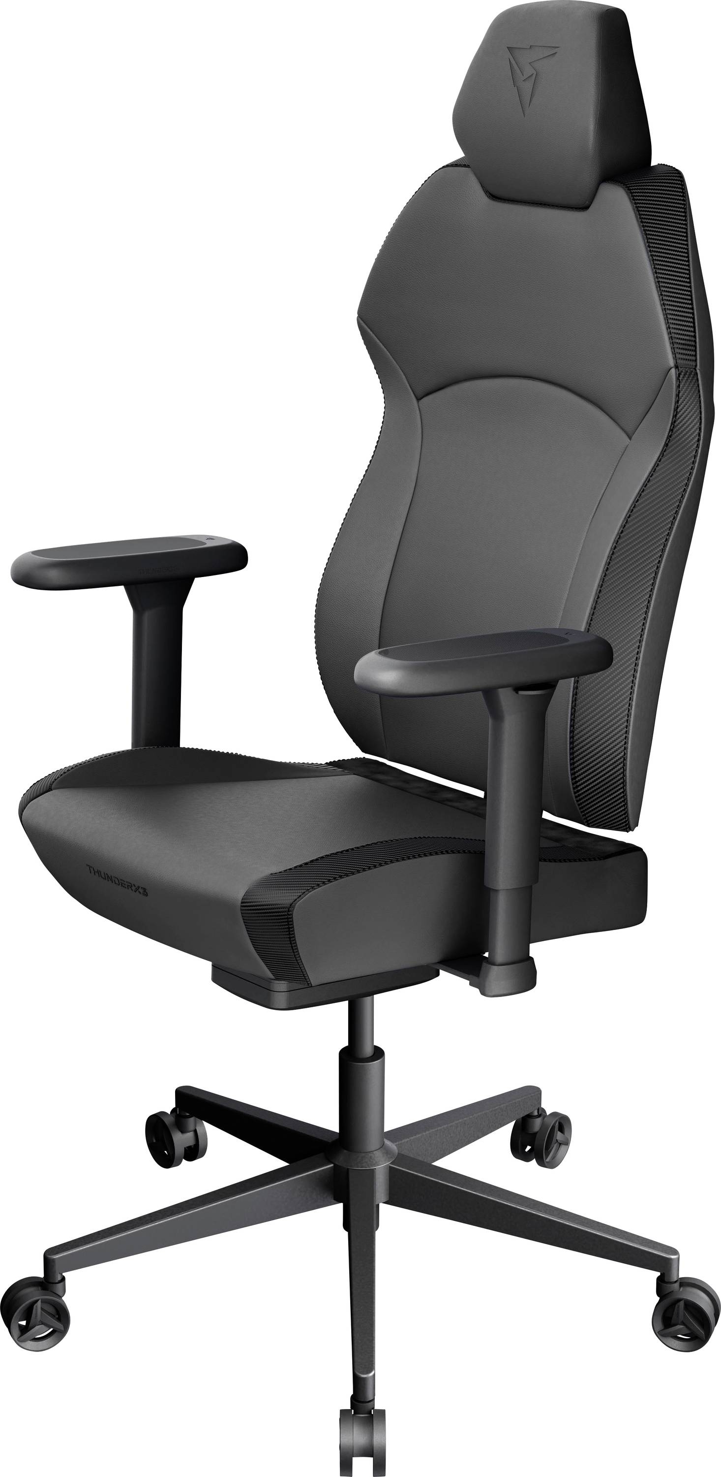 En smidig, svart ergonomisk kontorsstol med justerbara armstöd och ett högt ryggstöd, designad för komfort och stöd.