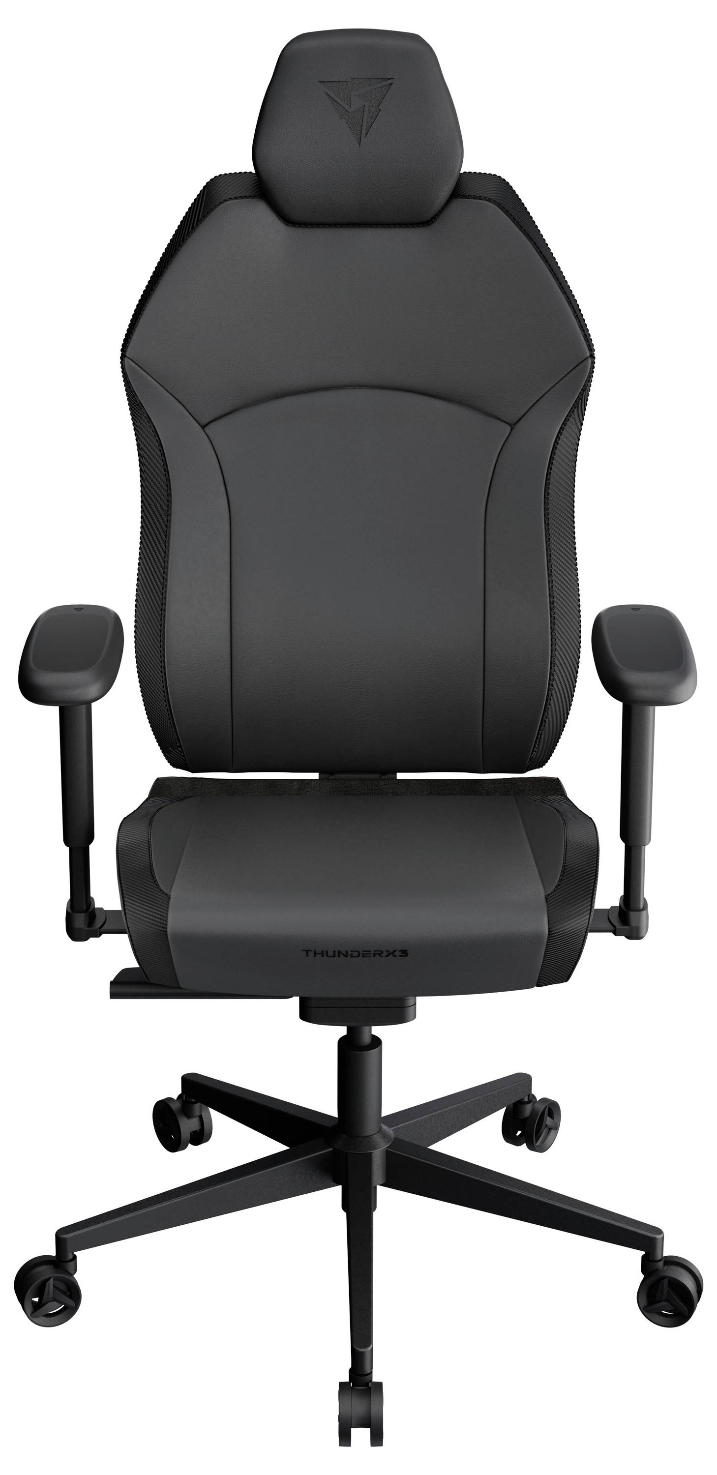 En svart ergonomisk kontorsstol med armstöd, justerbar sitthöjd och en hög ryggstöd på hjul, designad för komfort och stöd.