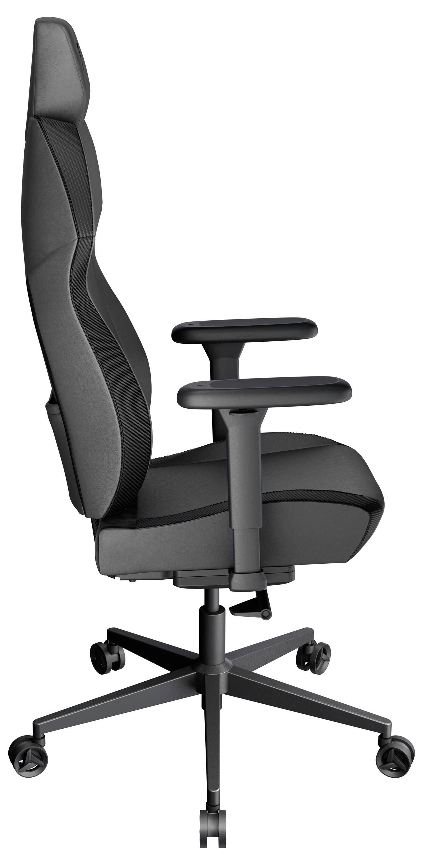 Ergonomisk svart kontorsstol med hög ryggstöd, justerbara armstöd och hjul, sedd från sidan.