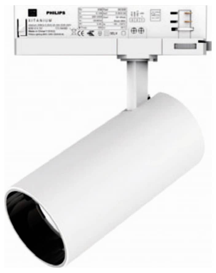 Vit cylindrisk taklampa med fäste, utrustad med elektroniska etiketter och varumärkesmärkning på ovansidan.