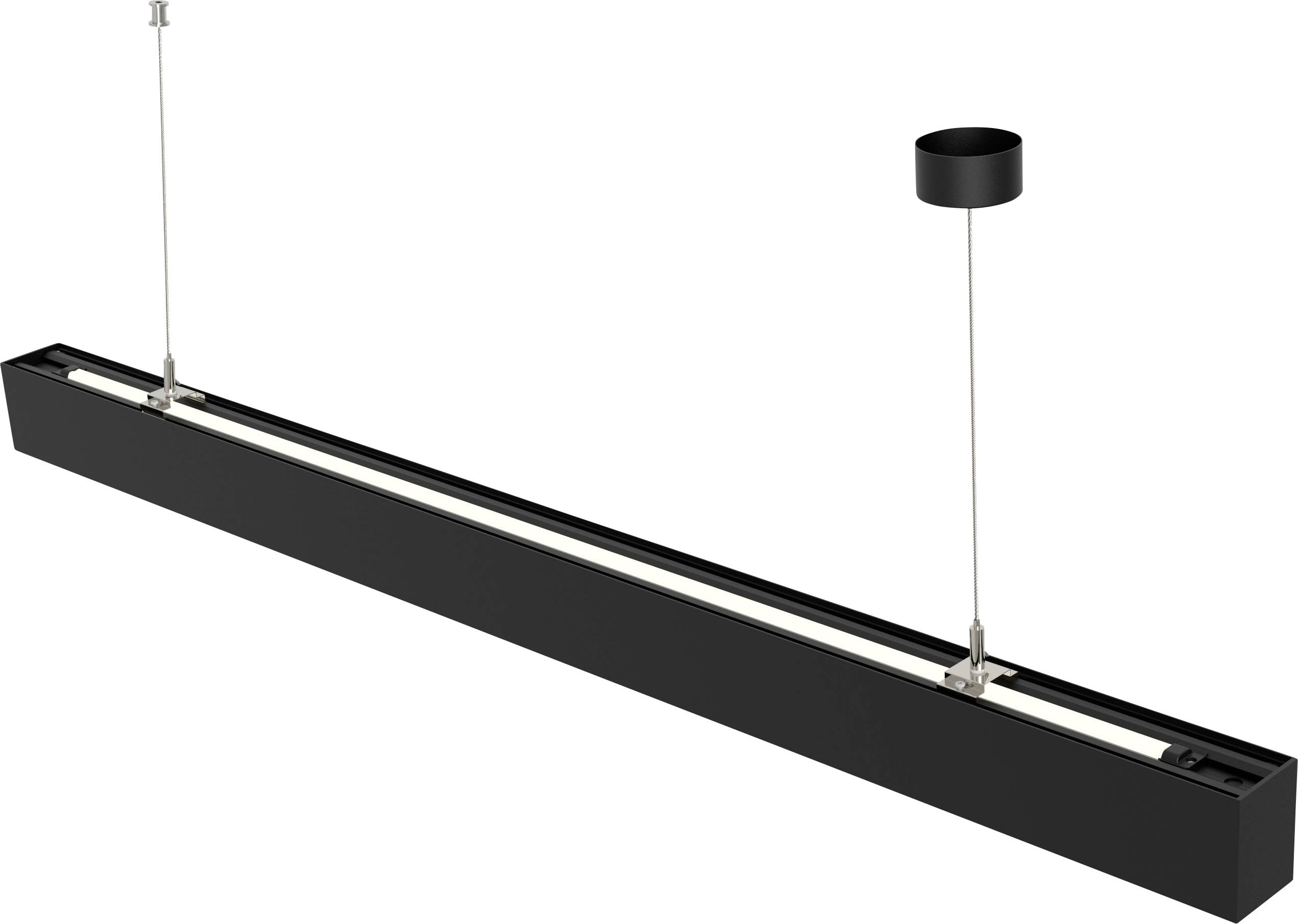 En elegant svart linjär pendellampan med justerbara metallsladdar, perfekt för moderna interiörer.