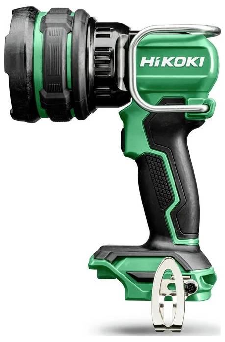 En grön HiKoki sladdlös ficklampa med ett svart grepp och ett justerbart huvud, konstruerad för mångsidig användning i arbetsytor eller utomhusmiljöer.