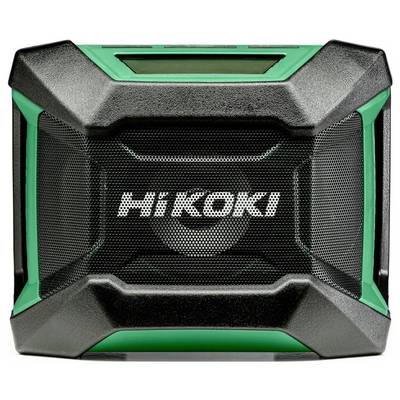 En rektangulär högtalare i svart och grönt med varumärkesnamnet 'Hikoki' på frontgallret, vilket antyder hållbarhet och modern design.