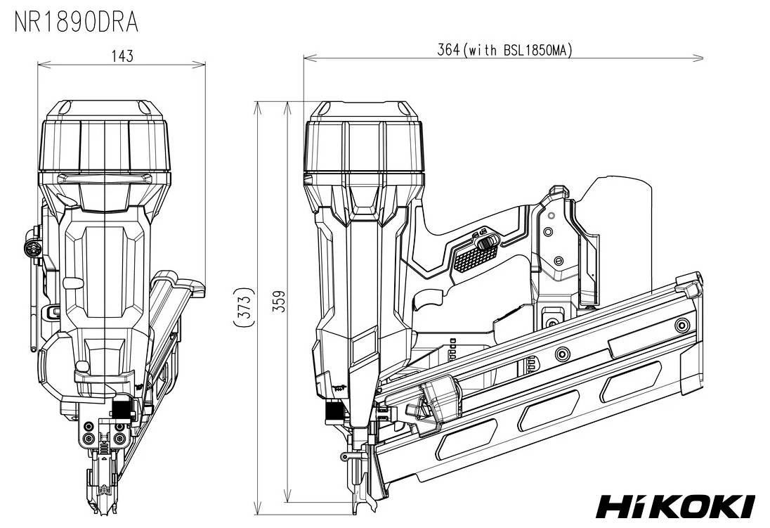 'HiKOKI NR1890DRA' spikpistol teknisk ritning, sido- och frontvy med dimensioner. Funktioner inkluderar magasin och ergonomisk design.