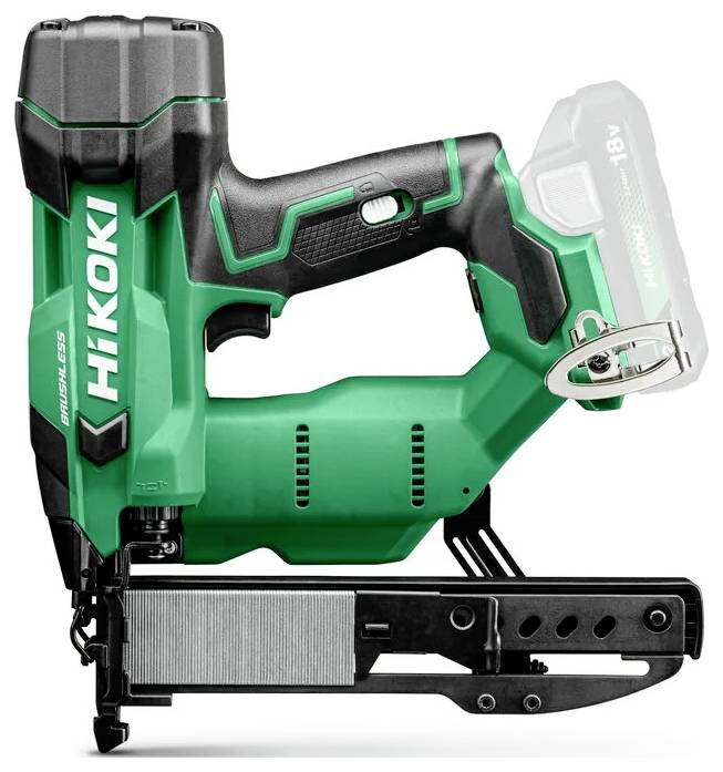 En grön och svart HiKOKI sladdlös spikpistol för regelstommar med synligt magasin, som uppvisar en kompakt och ergonomisk design för effektiv användning.