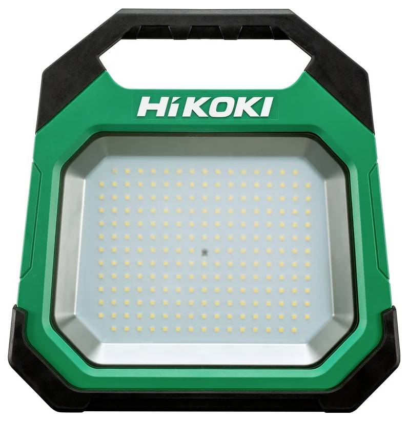 En grön och svart HiKOKI LED-strålkastare med talrika LED-lampor arrangerade i ett rutnätsmönster.