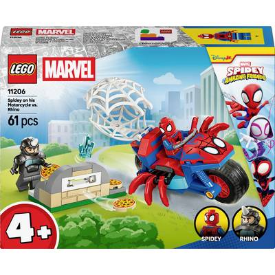 LEGO Marvel-set för ålder 4+, med Spidey på en motorcykel med nät, och Rhino med ett kassaskåp. Innehåller 61 delar.