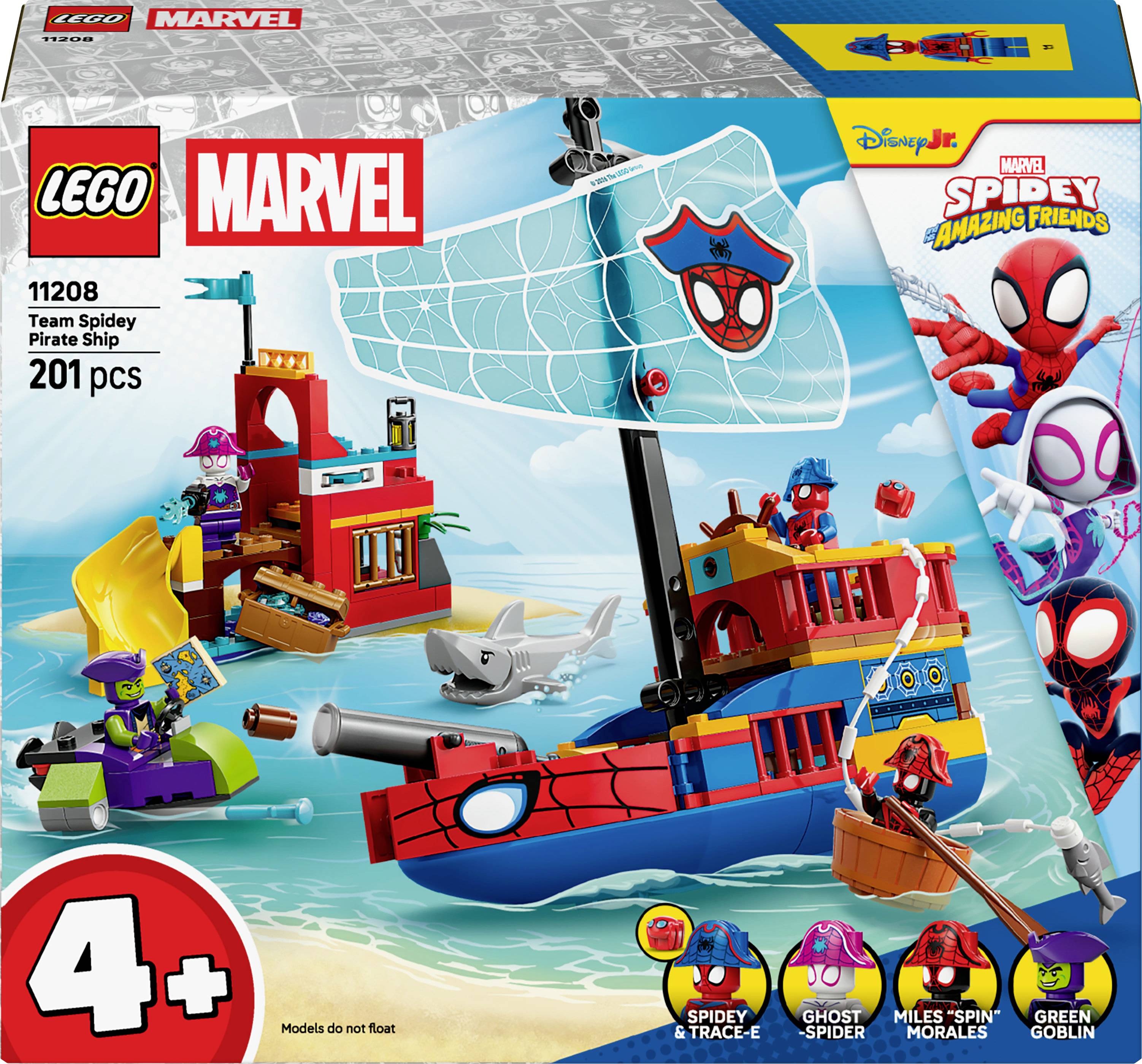 Lego Marvel 11208 Team Spidey Piratfartyg med Spidey, Ghost-Spider och Green Goblin-minifigurer ombord på ett färgglatt piratfartyg.