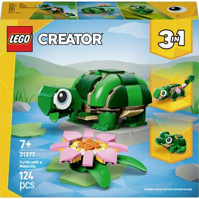 Lego Creator 3-i-1 Sköldpadda-set. Förpackning som visar sköldpaddsmodell med näckros, alternativa byggidéer, 124 delar för barn från 7 år och uppåt.