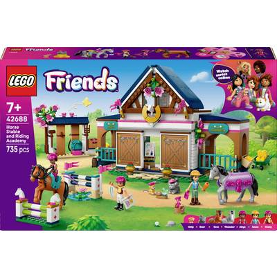 LEGO Friends Hästnässtall och Ridakademi-set med 735 bitar. Innehåller en stall, hästar och figurer. Lämpligt för 7 år och uppåt.