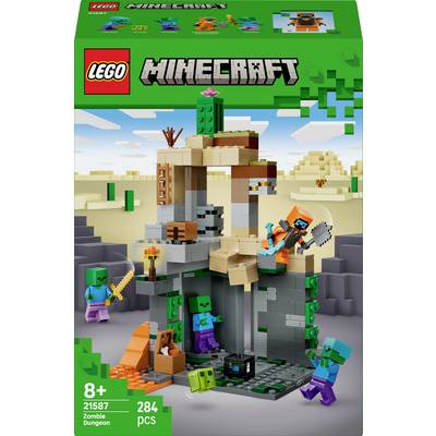 LEGO Minecraft Zombiedungeon byggsats med kubformiga figurer som strider nära en dungeon. Lämplig för åldrar 8+, innehåller 284 delar.