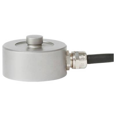 En rund, silvergrå lastcellssensor med en svart kabel ansluten på sidan.