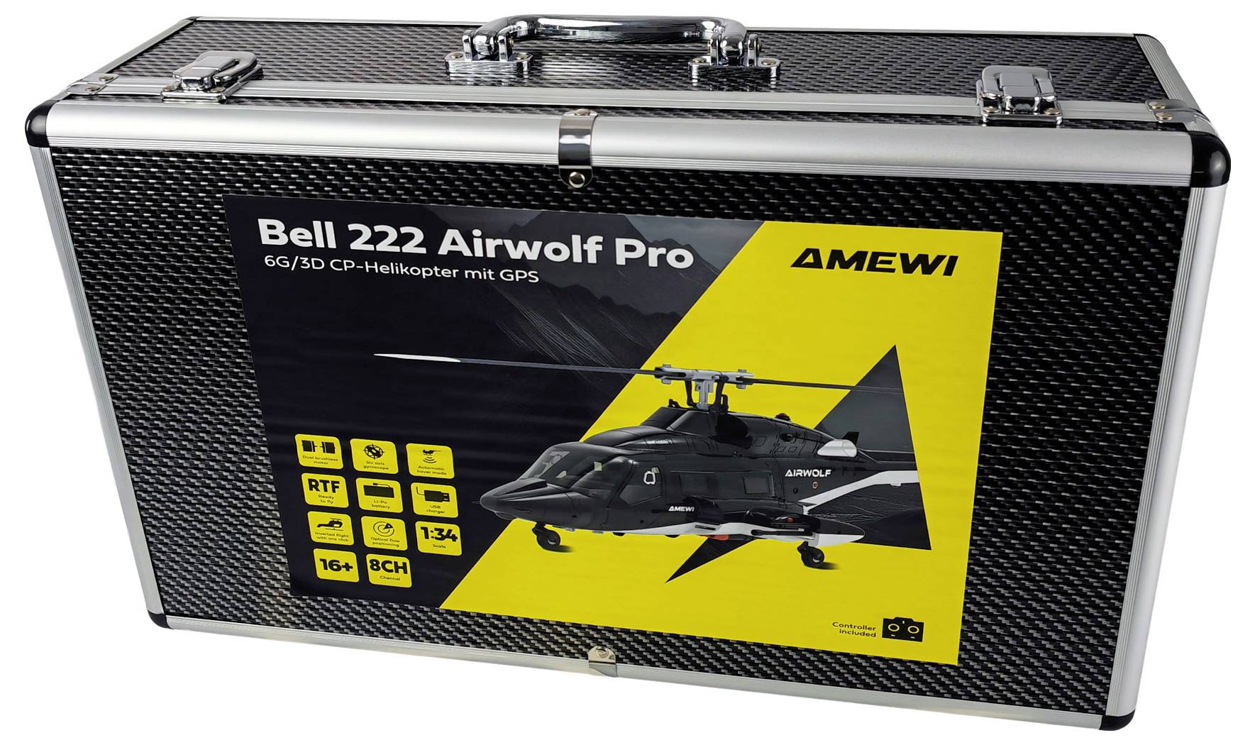 "Bell 222 Airwolf Pro" märkt kolfiber-stil transportväska för en helikoptermodell från Amewi, utrustad med GPS och olika specifikationer.