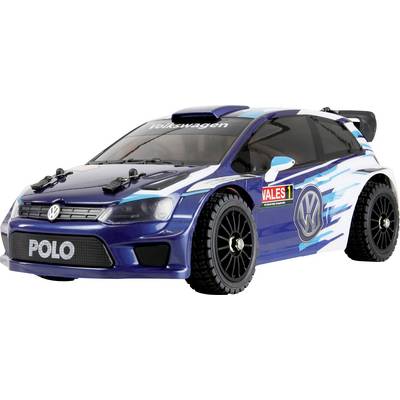 En blå och vit Volkswagen Polo leksaksbil med en 'Volkswagen' logotyp på motorhuven, sportiga detaljer och 'POLO' på främre stötfångaren.