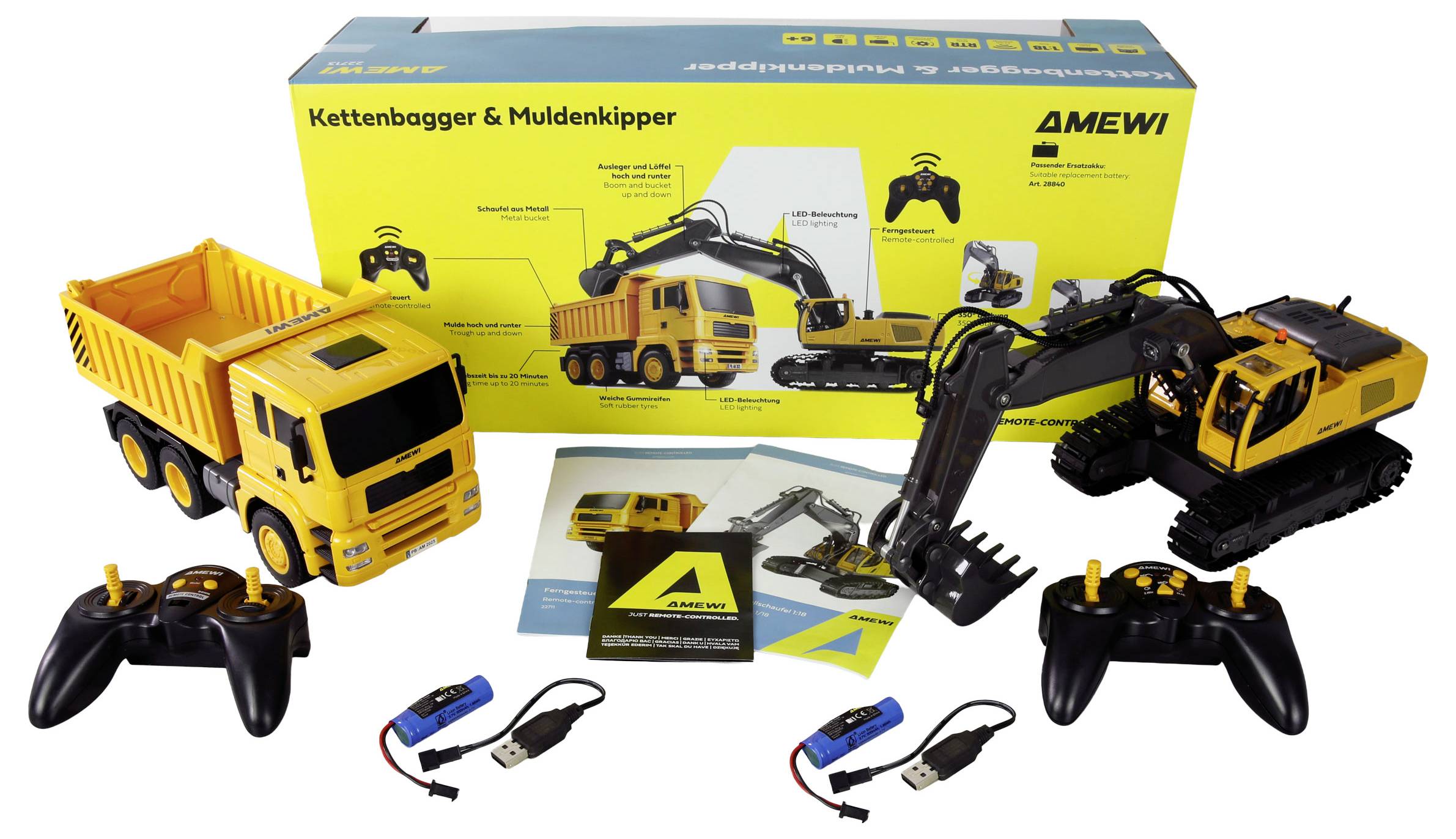 Leksakskonstruktionsset inkluderar en gul dumper och grävmaskin med fjärrkontroller, USB-laddare och en färgglad låda som visar produktbilder.