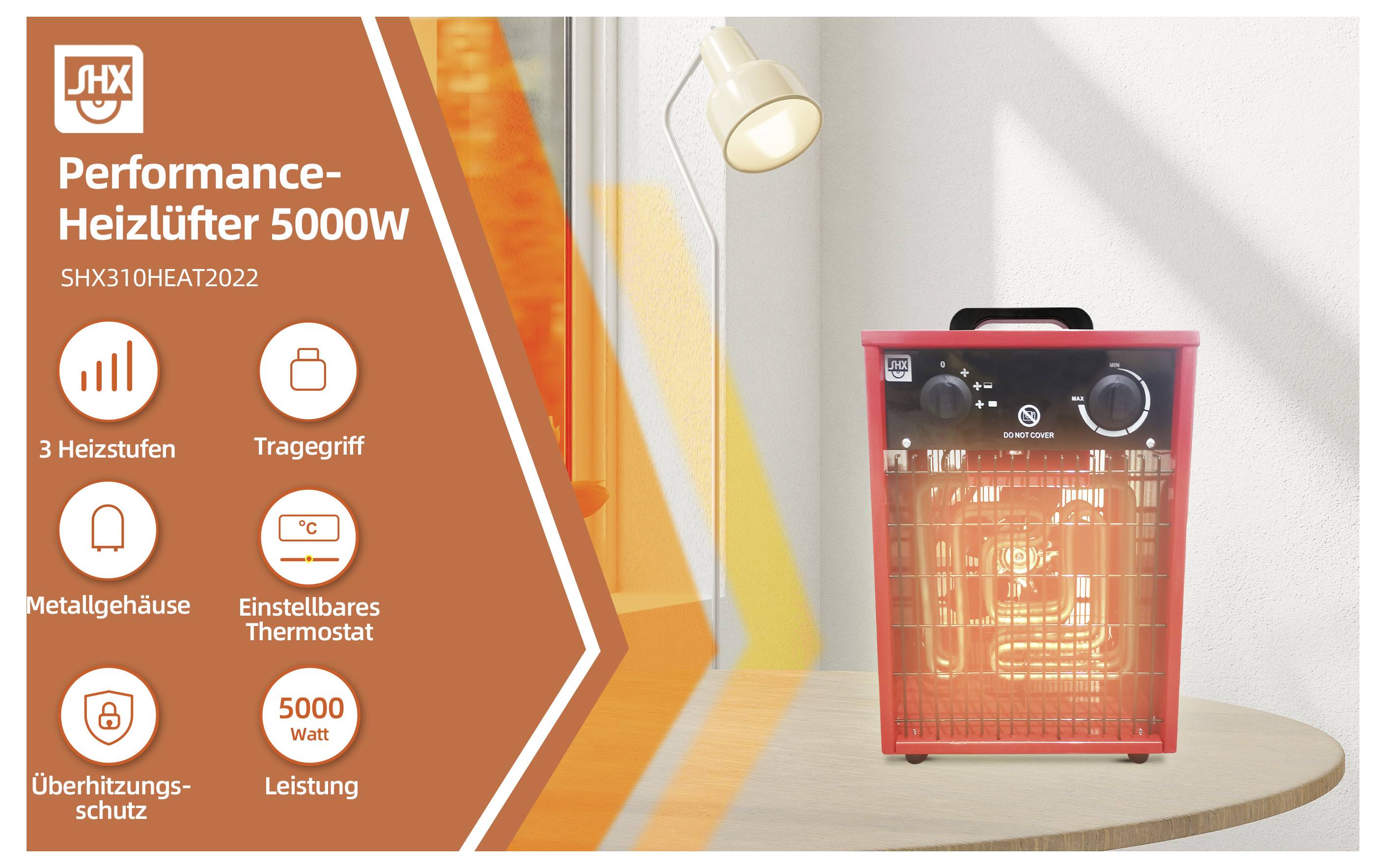 Bärbar värmefläkt med röd hölje, glödande element och kontrollpanel. Inkluderar text 'Performance-Heizlüfter 5000W' och nyckelfunktioner.