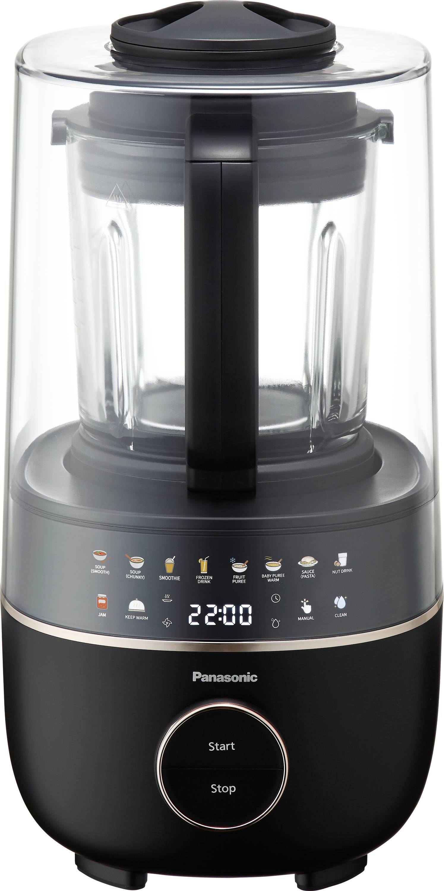 En smidig svart blender med en genomskinlig glasbehållare, digital display som visar '22:00' och touchkontroller för olika blandningslägen.