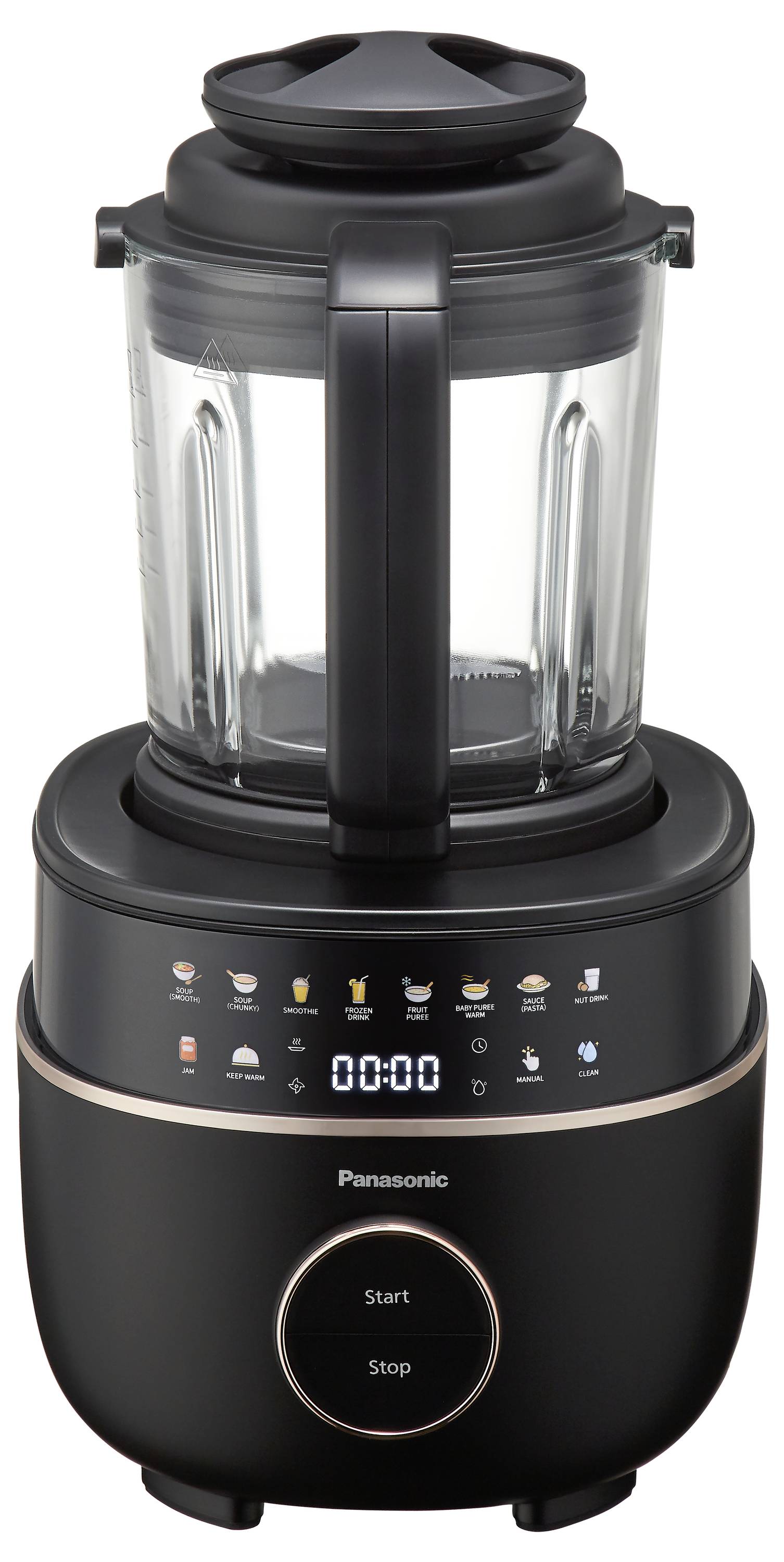 En svart blandare med bordmodell och en digital display med flera knappar för olika funktioner, utrustad med en stor glaskanna.