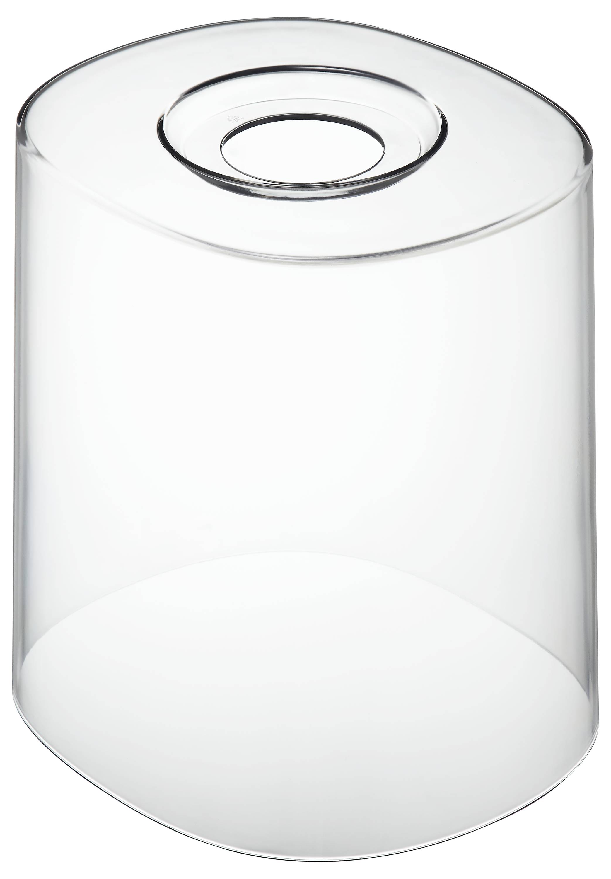 Ett tydligt, cylindriskt glasföremål med ett ihåligt centrum, som liknar en modern minimalistisk vas eller behållare.