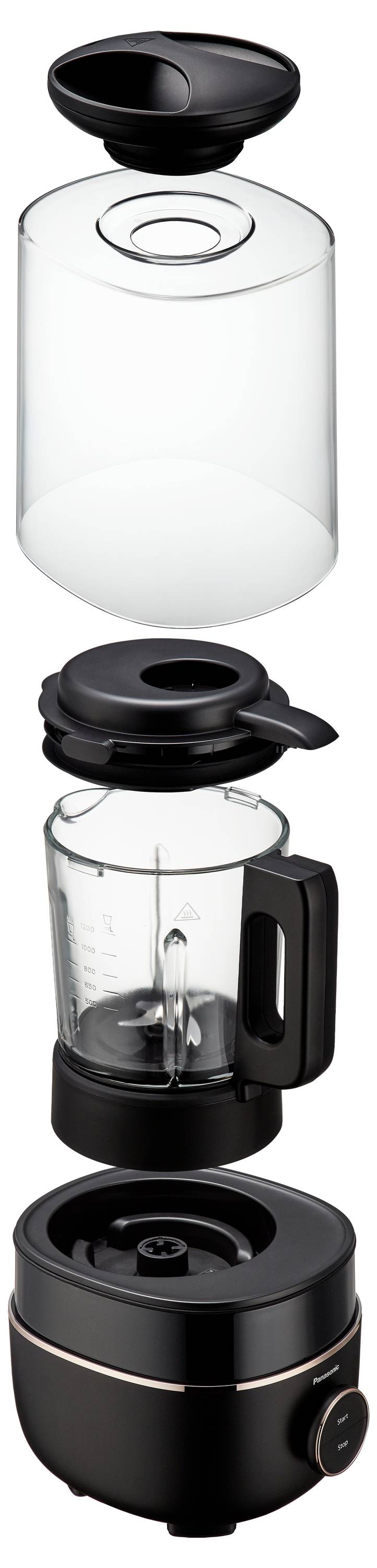 En modern svart mixer visad i delar: lock, glasburk med kniv och bas med kontroller, vilket visar dess demonteringsbara komponenter.