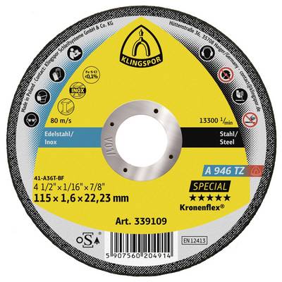 Klingspor A 946 TZ skärskiva för stål, 115 x 1,6 x 22,23 mm, 13300 varv/min, special inox, artikelnummer 339109