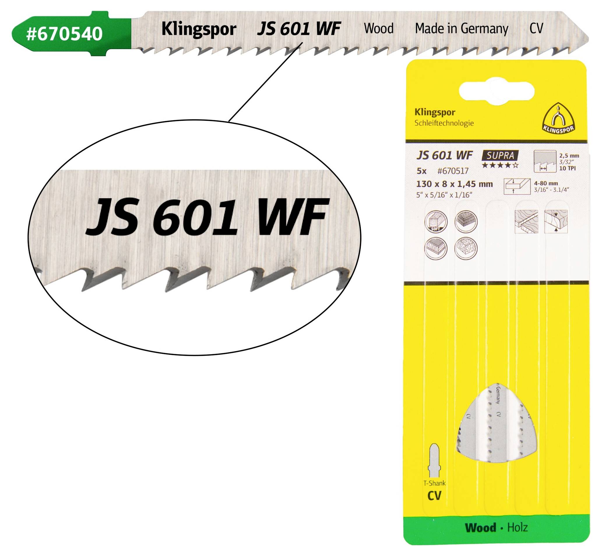 Sågbladspaket med närbild av JS 601 WF-bladet. Egenskaper: 5x, 130x1,8x1,45 mm, för trä, T-skaft, tillverkad i Tyskland, CV-material.