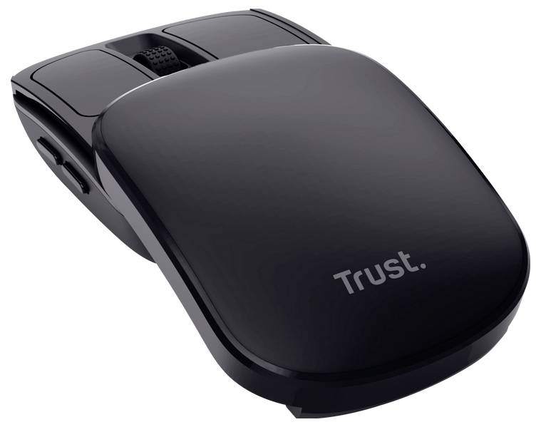 En smidig, svart datormus märkt 'Trust' med två knappar och ett scrollhjul, designad för ergonomisk användning och modern funktionalitet.