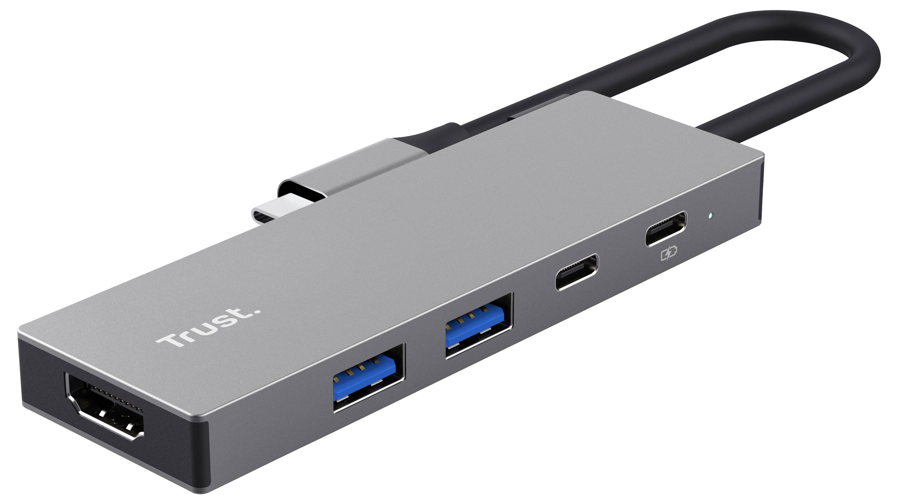 En grå USB-C-hubb med HDMI, två USB-A- och två USB-C-portar. Hubben är märkt med varumärket 'Trust' och ansluten via en kort kabel.