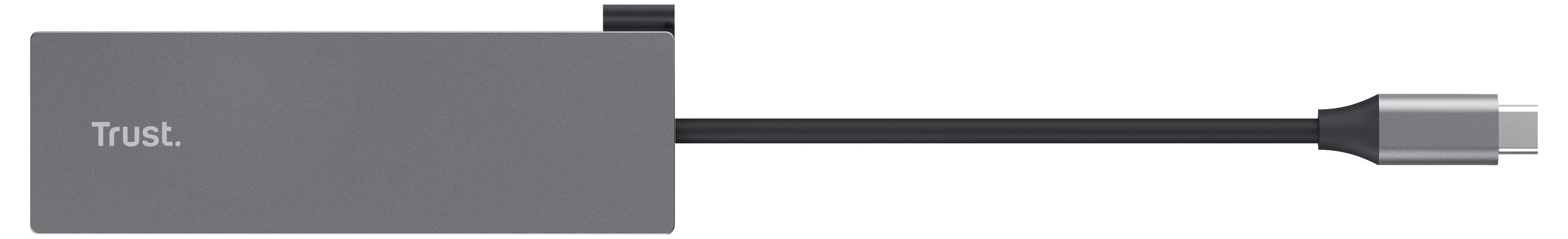 Grå USB-C-hubb med 'Trust' märkning, utrustad med flera portar för enhetsanslutning, designad för effektiv dataöverföring och laddning.