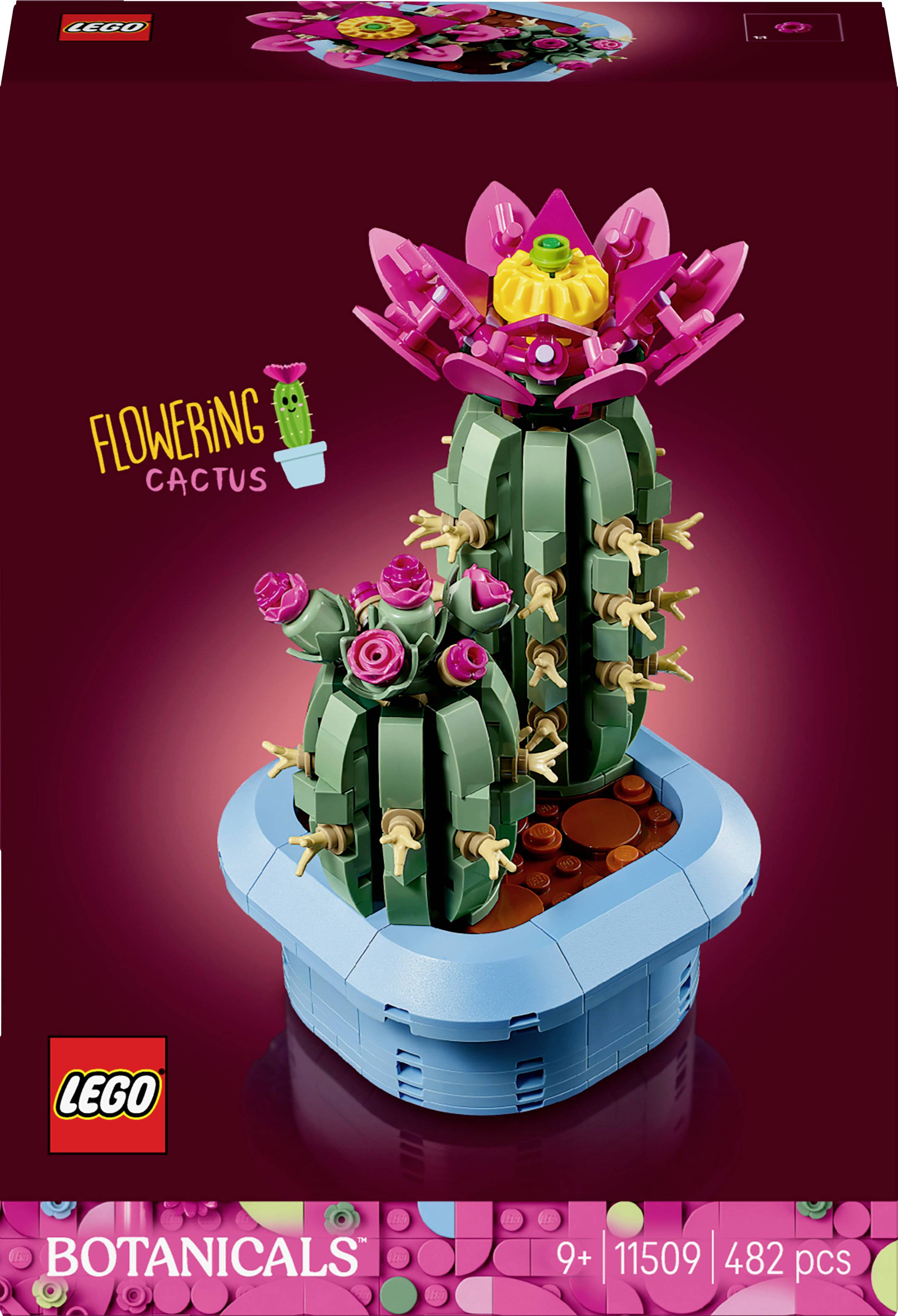 En LEGO-sats förpackning som visar en 'Blommande Kaktus' modell från Botanicals-serien, setnummer 11509, med 482 delar rekommenderad för åldrar 9 år och uppåt.