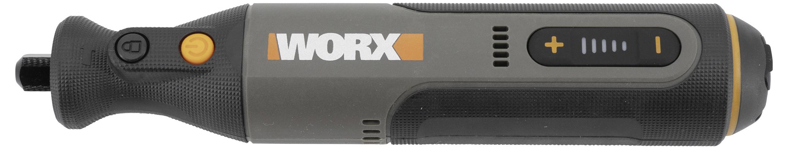 En svart och grå trådlös skruvdragare med märkesnamnet "WORX" i vita bokstäver, försedd med en orange knapp och LED-laddningsindikator.