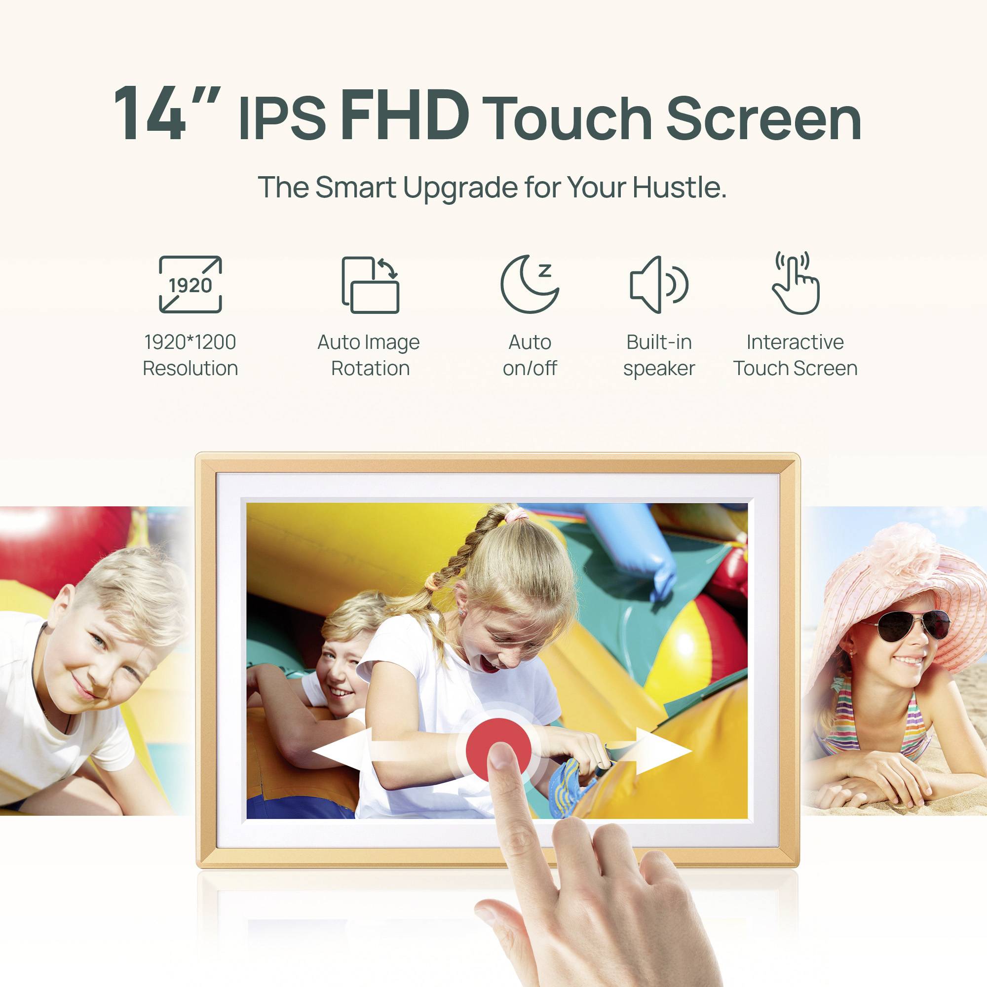 14" IPS FHD pekskärm med funktioner som automatisk bildrotation, inbyggd högtalare och interaktiv touch, visad med barn som leker.