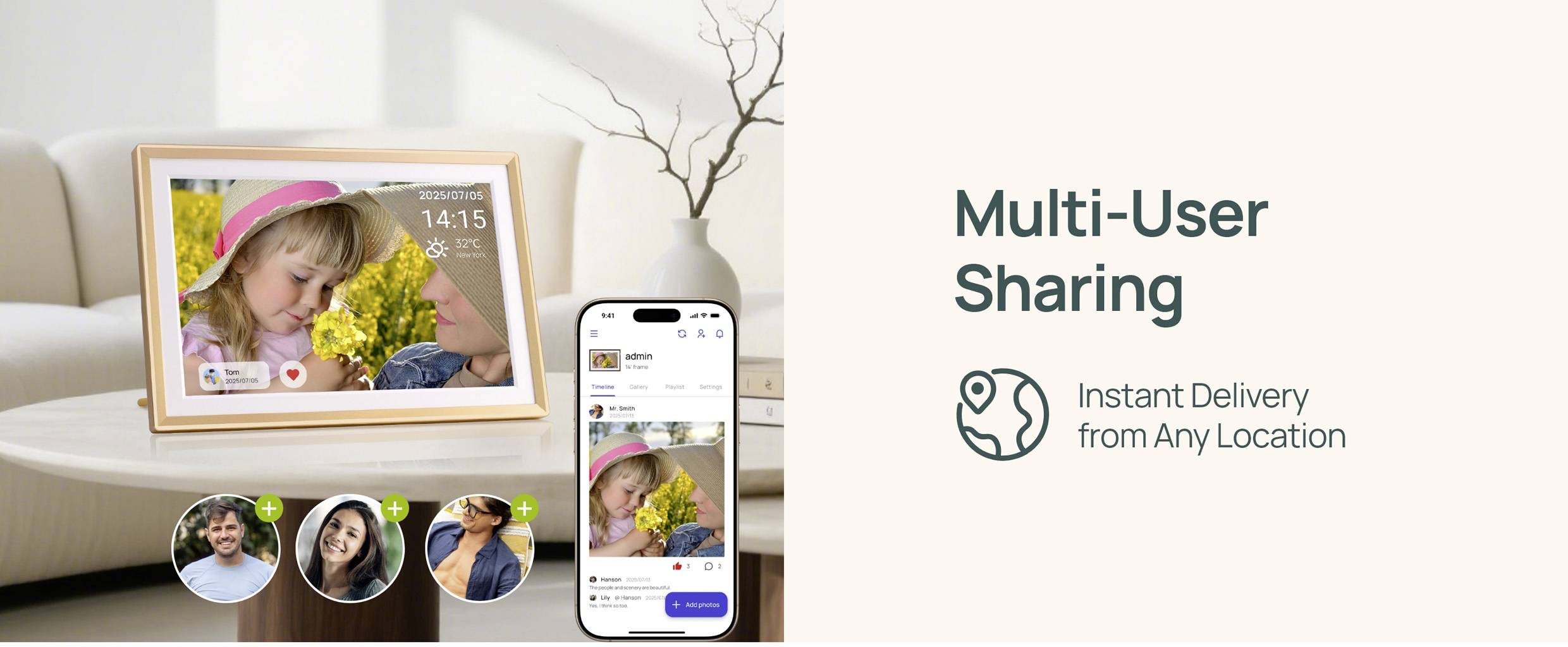 En smart fotoram som visar ett barn och en vuxen med blommor, en smarttelefon som visar bilddelning, och text: 'Multianvändardelning, Omedelbar Leverans från Vilken Plats som Helst'