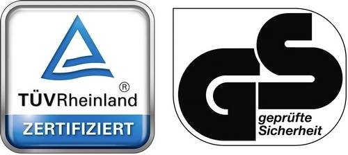 "TÜV Rheinland" och "GS godkänd säkerhet"-logotyper, som indikerar certifiering och efterlevnad av testade säkerhetsstandarder.