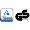 "TÜV Rheinland" och "GS godkänd säkerhet"-logotyper, som indikerar certifiering och efterlevnad av testade säkerhetsstandarder.